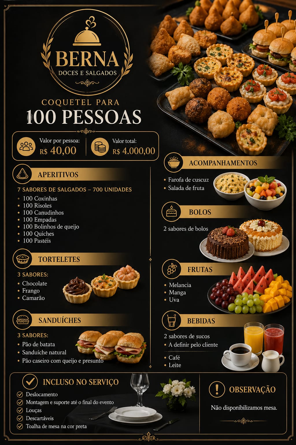 Cardápio para eventos: coquetel para 100 pessoas com aperitivos, torteletes, sanduíches, acompanhamentos, bolos, frutas e bebidas